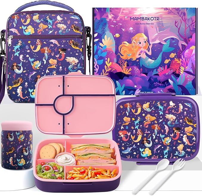 Kids Bento Lunch Box with Thermo Leak-Proof Snack Lunch Container with Insulated Lunch Bag Utensils Set Back to School Supplies Gifts for Boys and Girls Toddlers Kindergarten Lunch Accessories Purple