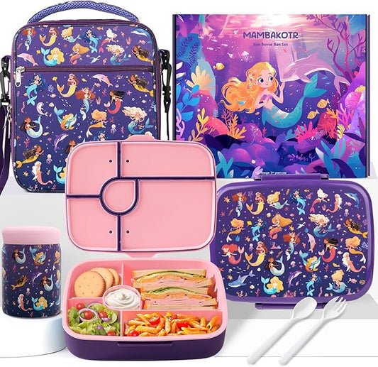 Kids Bento Lunch Box with Thermo Leak-Proof Snack Lunch Container with Insulated Lunch Bag Utensils Set Back to School Supplies Gifts for Boys and Girls Toddlers Kindergarten Lunch Accessories Purple