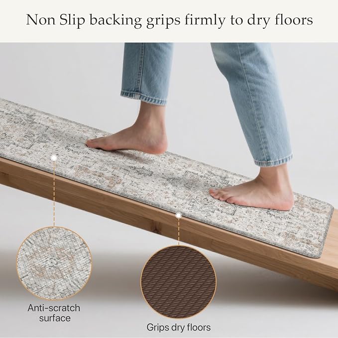 GENIMO Kitchen Mats for Floor, Washable Anti Fatigue Mat for Cushioned, Waterproof Kitchen Rugs, 17.3"x59", Non Slip Comfort Standing Mat Rug for Home, Runner, Sink, Office, Laundry, LightTaupeBrown