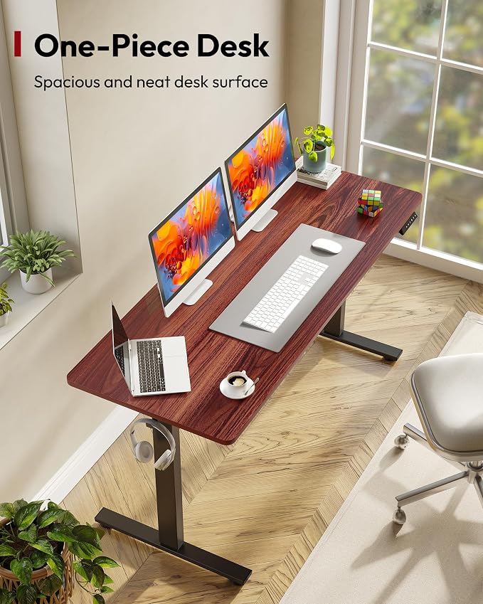 SANODESK One-Piece Electric Standing Desk, Seamless 60 x 24'' Ergonomic Height Adjustable Sit Stand Desk with Memory Presets for Home Office Computer Workstation, Black Frame/Mahogany Top