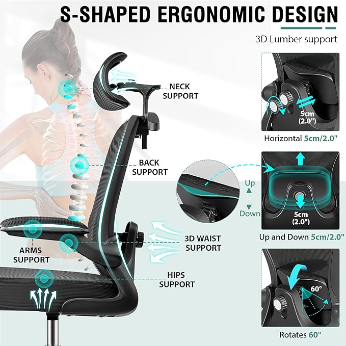 AtHope Drafting Chair, Tall Office Chair with 3D Lumbar & Head Support | Ergonomic Mesh Standing Desk Chair with Footrest Ring, Comfy Extended High Desk Chair with Flip-Up Arms & Hanger, Black