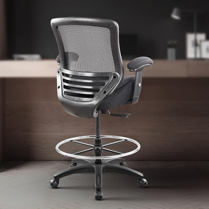 BOLISS 400lbs Ergonomic Office Drafting Chair Mid Mesh Back for Height Adjustable Desk 21inch Foot Ring Height Adjustable Armrest (Black) ﻿
