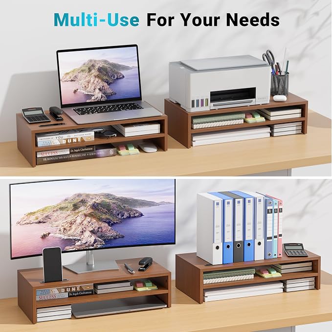 BONTEC Walnut Monitor Stand Riser, 21.3 Inch 2-Tier Wood Desk Shelf for Monitor & Laptop, Desktop Organizer with Cable Management and Phone Holder, Ergonomic Computer Riser, 66 lbs Capacity