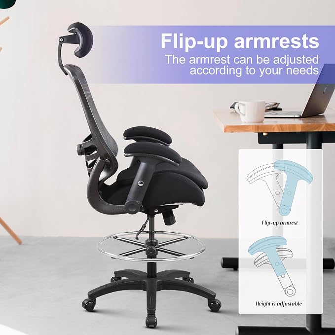 BOLISS 400lbs Ergonomic Drafting Chair Tall Office Mesh Chair | Adjustable Headrest, Standing Desk Chair, Height Adjustable Armrest and Flip up Arms, Adjustable Lumbar Cushion