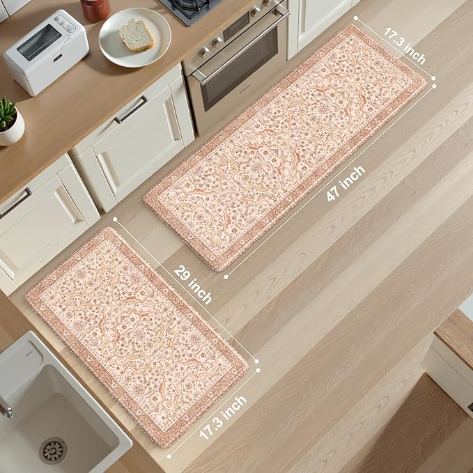 KIMODE Anti Fatigue Kitchen Mats for Floor, Boho Vintage Kitchen Rugs Sets of 2, Kitchen Floor Mats Cushioned Non Slip, Khaki Memory Foam Standing Mats for Laundry Office Sink Desk 17"x47"+17"x29"