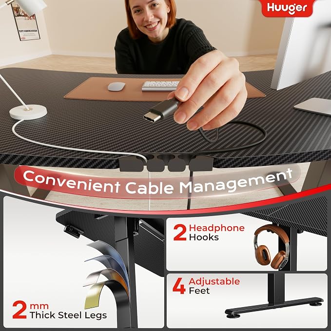 Huuger Electric Standing Desk with Power Outlets and USB-C Port, 55 X 24 Inch Height Adjustable Desk, Sit Stand Desk for Home Office, Computer & Gaming Desk with 4 Presets, Carbon Black