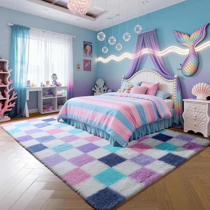 KICMOR Purple Rainbow Checkered 6x9 Area Rugs for Living Room, Large Colorful Fluffy Soft Fuzzy Shag Shaggy Bedroom Carpet, Cute Indoor Plush Rug for Kids Girls Dorm Nursery Home Decor Aesthetic