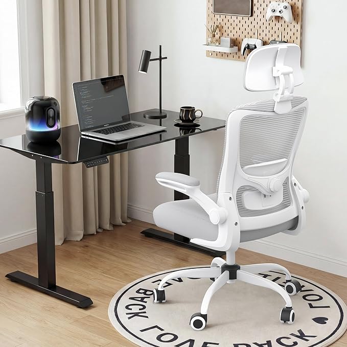 Ergonomic Office Chair, High Back Mesh Desk Chair with Adjustable Lumbar Support & Headrest, Flip-up Armrest, Computer Task Chairs for Home and Executive Office (W-Grey)