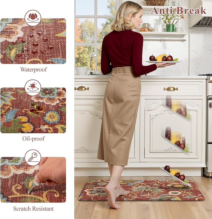 LEEVAN Anti Fatigue Kitchen Mats for Floor, Cushioned Kitchen Mat Set 2PCS | 17.3"x29"+17.3"x47", Boho Floral Coral Red Kitchen Rugs Non-Slip, Waterproof Ergonomic Standing Mat for Laundry, Office, Sink