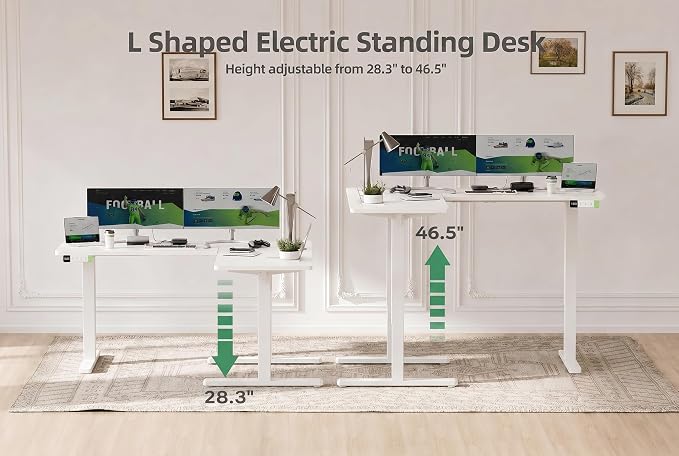Claiks L-Shaped Electric Standing Desk with Dual Motors, 59 x 51 Inch White | 3 Memory presets for height adjustment, 28.3 to 46.5 inch range, 176 lbs capacity, steel frame, waterproof desktop