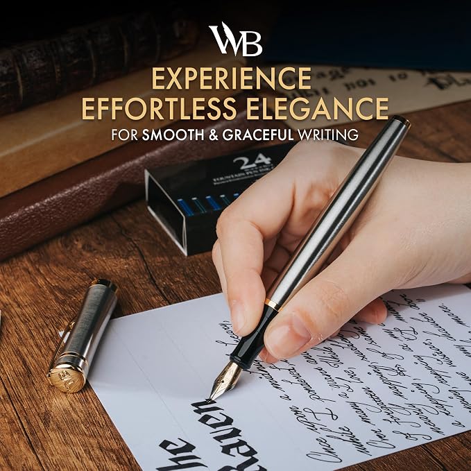 Wordsworth & Black Fountain Pen Set, 18K Gilded Bent Nib, Includes 24 Pack Ink Cartridges, Ink Refill Converter & Gift Box, Gold Finish, Calligraphy, [Silver Gold], Perfect for Men & Women