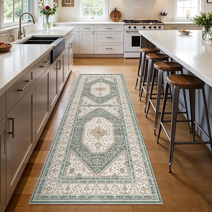 3x8 Runner Rug for Hallway Washable: Non Slip Kitchen Rugs with Rubber Backing Soft Waterproof Mats Stain Resistant Indoor Vintage Carpet Runner for Bedroom Bathroom Laundry Entryway Green/Beige