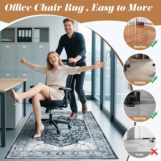 Office Chair Mat for Hardwood Floor & Tile Floor, 36"x48"Anti-Slip Under Desk Carpet Protector for Rolling Computer Chair Mat, Machine Washable Office Area Carpet (Chenille,Blue)