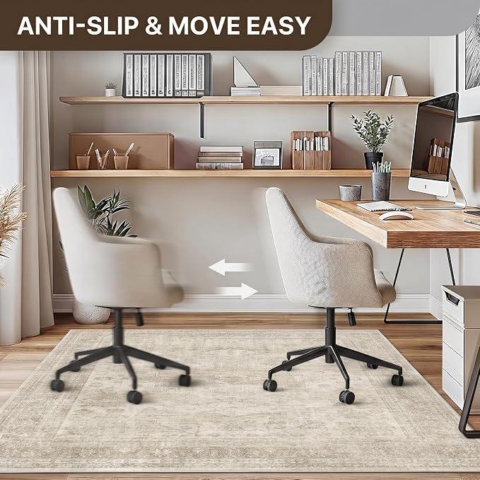 36"x48" Office Chair Mat for Hardwood Tile Floor, Under Desk Carpet Protector for Rolling Computer Chair Mat, Machine Washable Area Rug, Anti-Slip 1/5" Thick Low Pile Thin Vinyl Floor Mat, Ivory