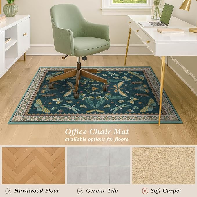 3'x4' Teal Office Chair Mat for Hardwood Floors, Insect Boho Design,Non-Slip Low Pile Desk Rug, 36"x48" Small Area Rug for Computer Desk Home Office, Machine Washable WFH Essential for Dorm Room