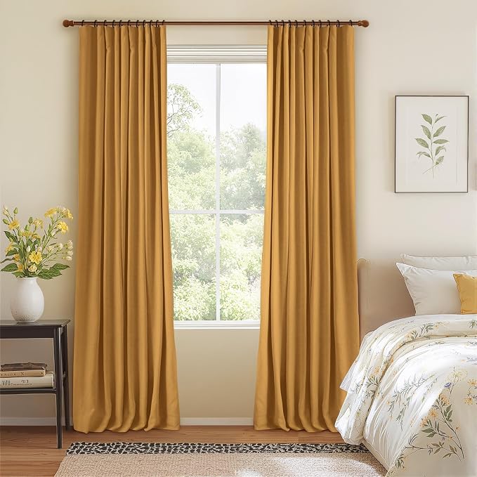 INOVADAY 100% Blackout Curtains for Bedroom, Black Out Curtains 108 Inch Long, Clip Rings Linen Blackout Drapes, Thermal Insulated Room Darkening for Living Room, 2 Panels - Mustard Yellow,W50xL108