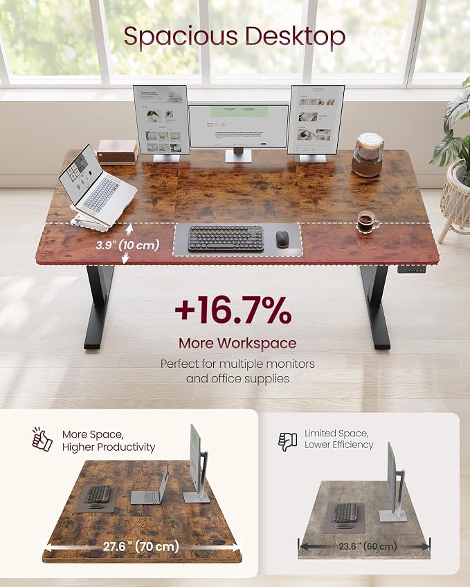 VASAGLE Electric Standing Desk, Stand Up Desk, 4 Memory Heights, Sedentary Reminder, for Home Office, 63 x 27.6 Inches, Rustic Brown ULSD316KD02S