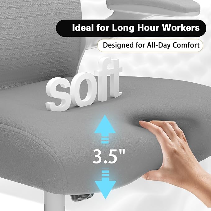 Ergonomic Home Office Chair – 4-Way Lumbar Support, 3.54" Extra-Thick Seat Cushion, Breathable Mesh Back, Flip-Up Arms, Swivel Computer Desk Chair for All-Day Sitting, 330LBS (White-Grey and Silver)
