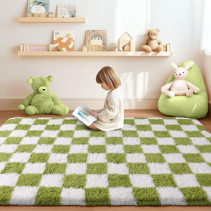 Checkered Rug 4x6 for Bedroom, Ultra Fluffy Shag Area Rugs for Living Room, Upgrade Anti-Skid High Pile Soft Rug Fuzzy Carpet for Living Room Bedroom Kids Room Nursery, Dorm Home Decor, Cream & Green