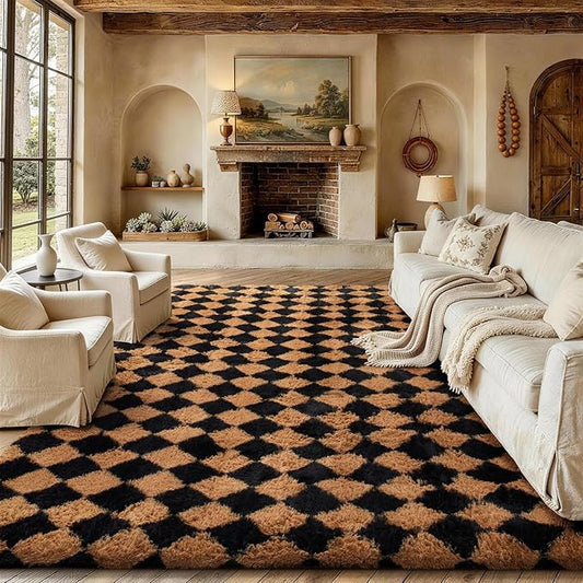 Ophanie 8x10 Black & Beige Diamond Checkered Rugs for Living Room Bedroom,Large Rhombus Fluffy Soft Fuzzy Area Rugs,Plush Shaggy Bedside Floor Carpet Kids Baby Dorm Decor with Over 99 pcs Pile fibers