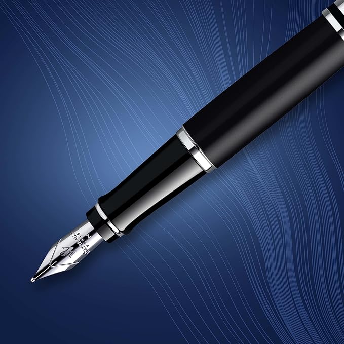Waterman Expert Fountain Pen, Matte Black with Chrome Trim, Medium Nib with Blue Ink Cartridge, Gift Box