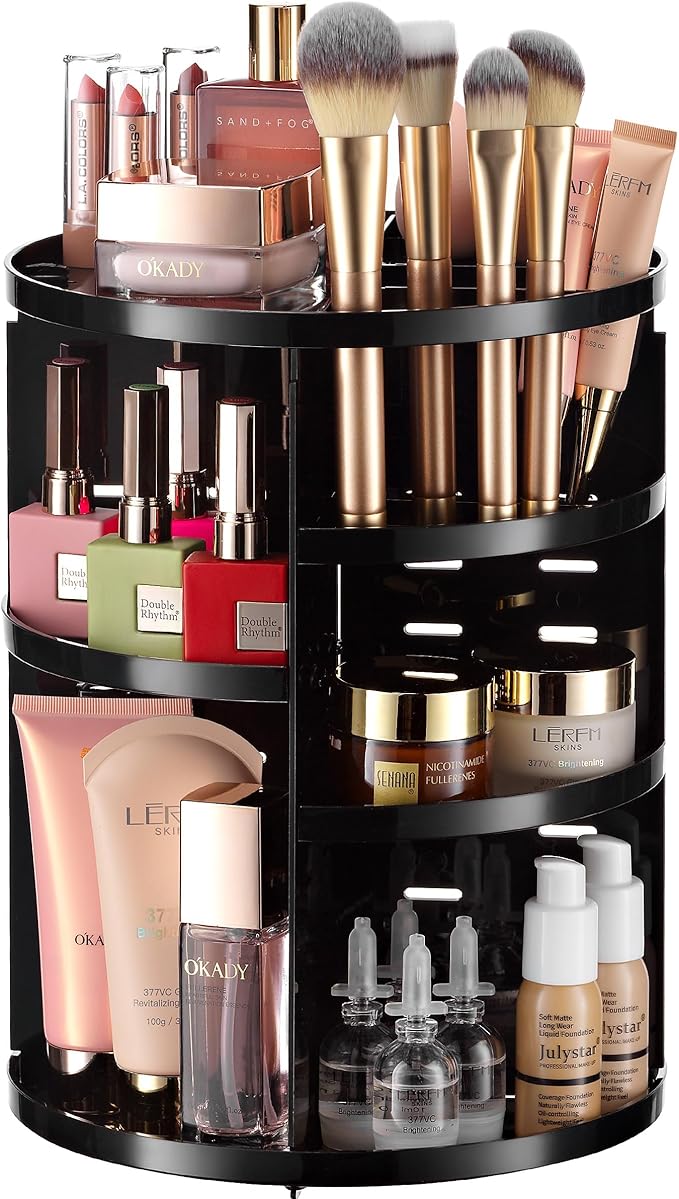 Masirs 360 Rotating Makeup Organizer Countertop, Adjustable Shelf, Black | 360-Degree Rotating Makeup Organizer, Adjustable Shelf Height, Cosmetic Perfume Skincare Storage, Vanity Countertop, Black