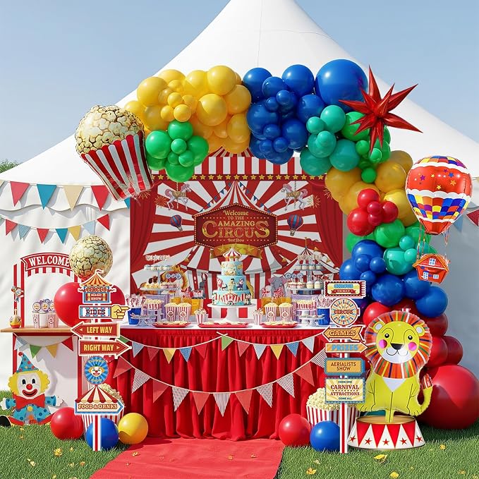 Circus decorations include Red Blue Yellow Balloon garland kit & foil hot air popcorn lion balloons & striped banner & Backdrop road sign paper for carnival circus theme party decorations