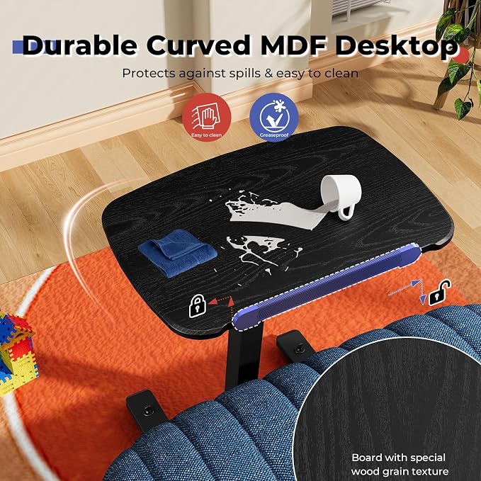 JOY worker Low Height Small Mobile Standing Desk for Couch, Height Adjustable TV Tray Table with 90° Foldable MDF Desktop, Portable Laptop Desk with Low Base & Lockable Hidden Casters, Black