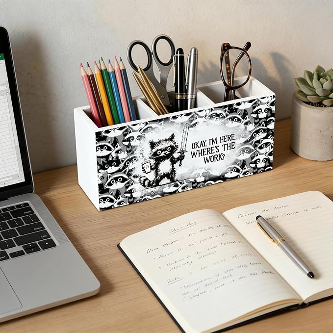 Raccoon Office Wooden Pen Holder for Desk, Gifts for Raccoon Lovers, Where's the Work Humor Trash Panda Pencil Organizer Wooden Box Sign for Office Workplace Home Decoration