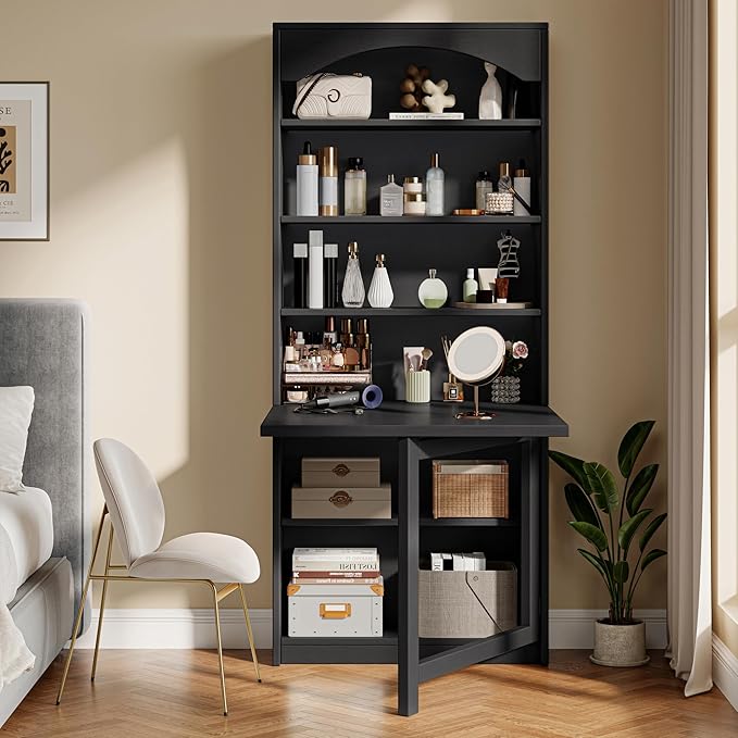 Folding Desk with Storage, Space-Saving Foldable Convertible Writing Table, Wall Mount Fold Out Computer Desk for Home Office, Craft Room, Living Room, Bedroom, Black