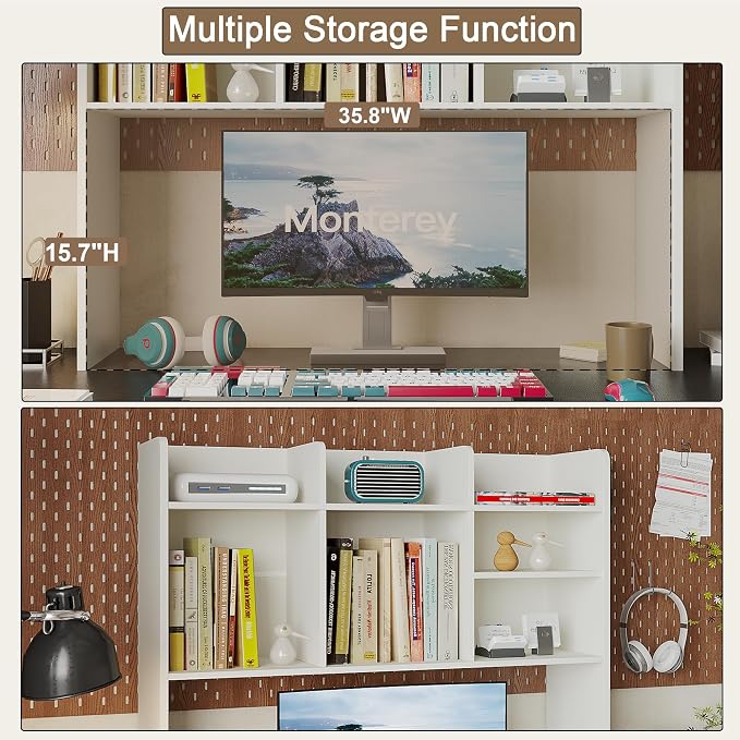 ChooChoo Desk Hutch Dorm with LED Lights, Desktop Bookshelf with 7 Shelves | Desktop Shelf, Bookshelf Storage for College Dorm Office Home, White