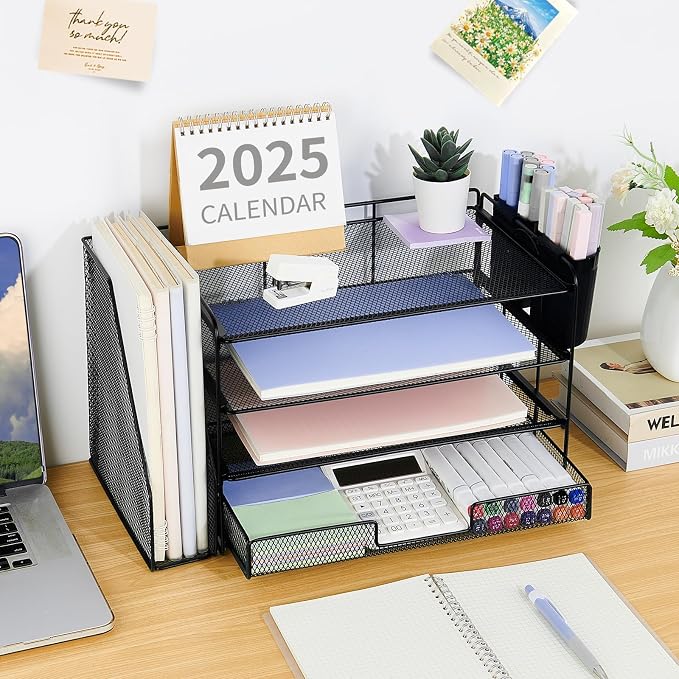 OPNICE Desk Organizer, 4-Tier Desktop File Organizer with Drawer and 2 Pen Holders, Office Desk Accessories, File Sorters, Workspace Organizers for Office Supplies(Black-2pack)