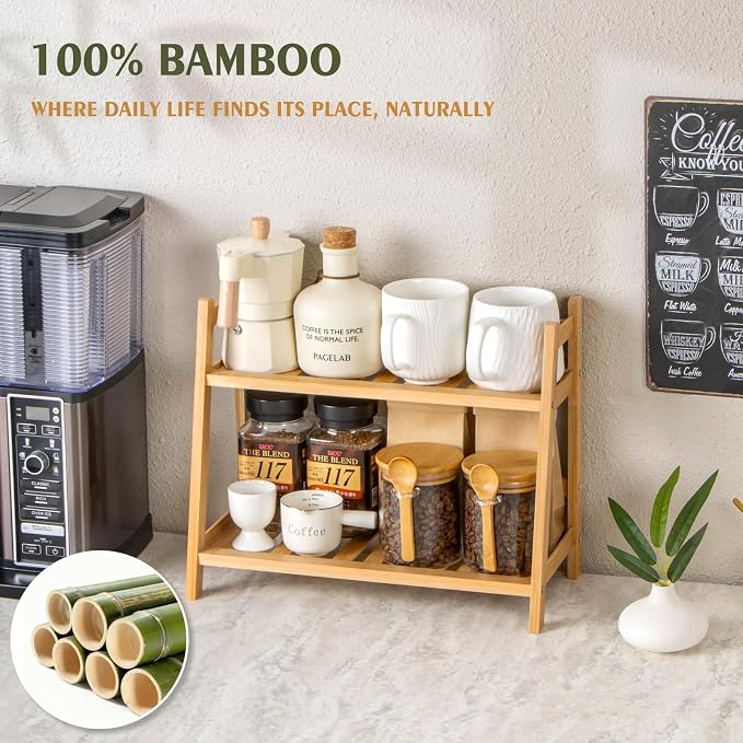 ANBOXIT Bamboo Matcha Station Organizer, Countertop 2 Tier Desktop Shelf | for Mugs, Cups, and Condiments - Ideal for Matcha & Coffee Accessories in Kitchen, Home, Office