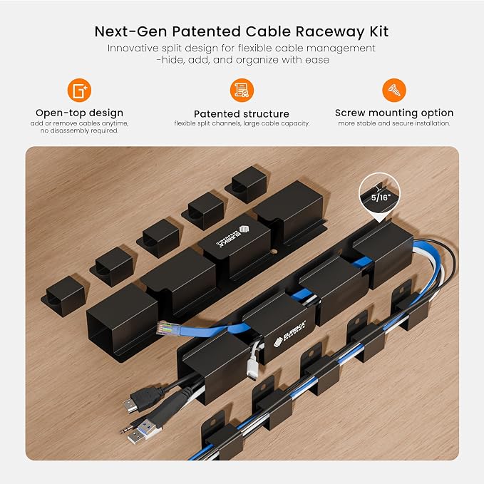 EUREKA ERGONOMIC 316PCS Under Desk Metal Cable Kit, Black | Cable management kit with metal cable tray, 6 cable holders, 4 sleeves, 60 clips, 2 tie rolls, 100 zip ties for organized