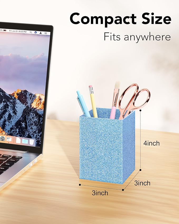 Acrylic Pen Holder Desk Organizer for Office, Blue Glitter | Sparkling glitter acrylic makeup brush and pencil holder for desk, Modern desktop organizer for home, school and office