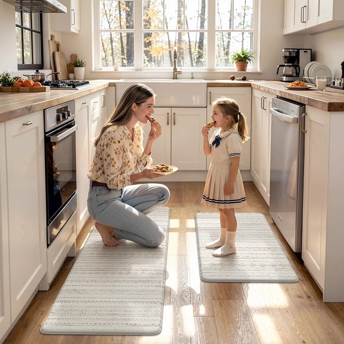 KIMODE Kitchen Mats Cushioned Anti Fatigue, Farmhouse Kitchen Rugs Sets of 2, Memory Foam Kitchen Mats for Floor, Waterproof Standing Mat for Kitchen Decor Laundry Office Desk Khaki 17"x47"+17"x29"