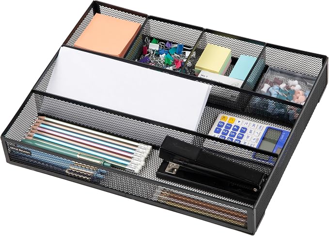 Mind Reader 6-Compartment Drawer Organizer, Metal Mesh Desk Organizer for Office, Kitchen, Utensils, Supplies, Set of 2, Black