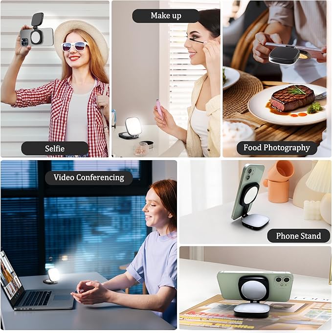 MagSafe Magnetic Selfie Light with Mirror for iPhone – Rechargeable LED Fill Light, CRI≥95, 5 Color Temps, Foldable Portable Ring Light for Vlog, Makeup, Back‑Camera & Video Recording，Photography