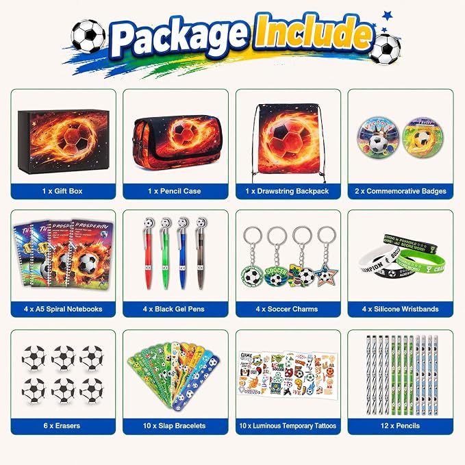 DIGOBAY 61PCS Soccer School Supplies Set for kid Boys, Teen Back to School stationery Supplies with Pencil Case Drawstring Bag Spiral Notebooks Pens Pencils Tattoos Wristbands Gift Box