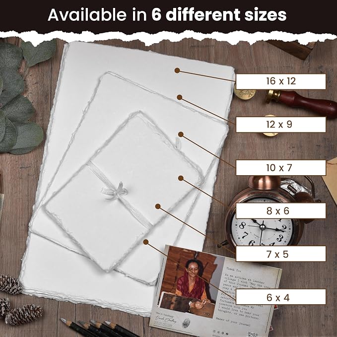 LEATHER VILLAGE Watercolor Paper - 9.5 X 12.5 inches, 50 Sheets - Mixed Media Watercolor Paper - 150 GSM Thick Deckle Edge Virgin Cotton Handmade Paper - White