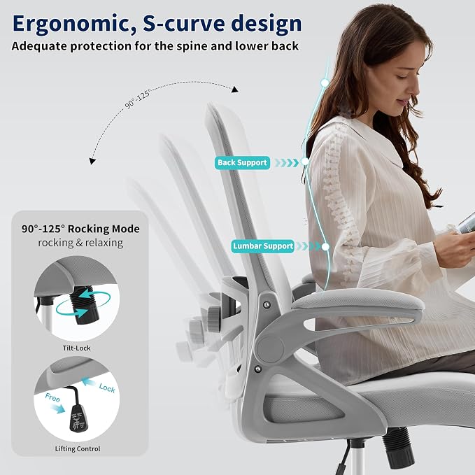 Ergonomic Office Chair, Desk Chair with Adjustable Lumbar Support, Breathable Mesh Comfy Computer Chairs with Flip-up Armrests Executive Task Chair for Adults Home Office (Gray)
