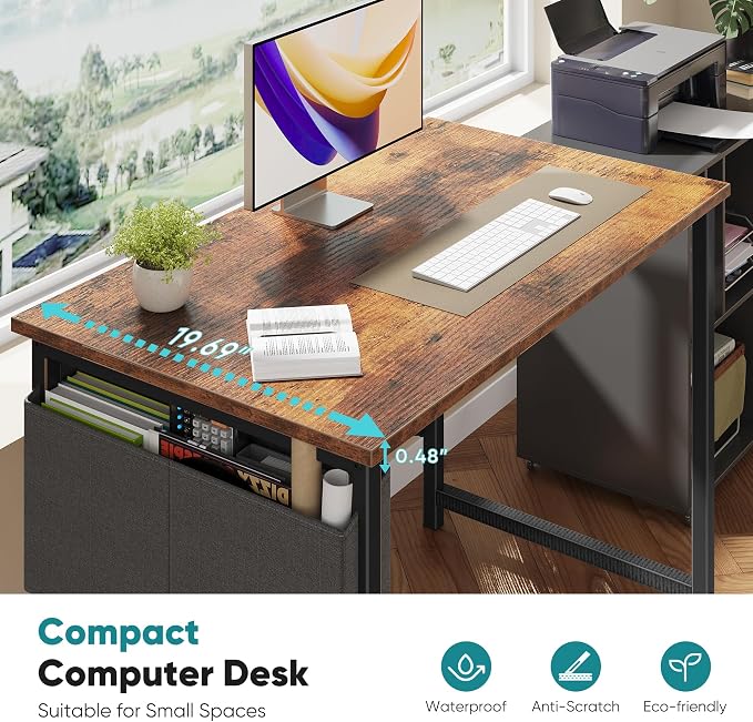 OLIXIS Small Computer Desk, 40 Inch Home Office Desks, Gaming Writing Study Craft Work Table, Modern Computer Workstation for Bedroom Small Spaces with Storage Bag, Rustic Brown