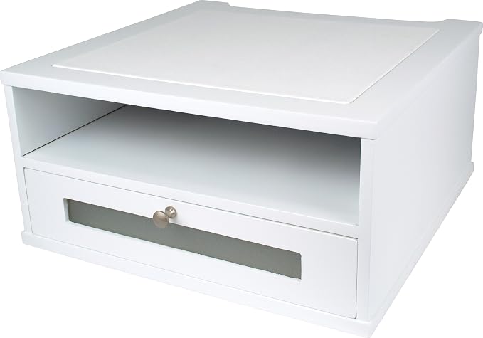 Victor Monitor Riser with Drawer and Storage Shelf - Wood Monitor Stand Desk Organizer with Faux Leather Top, Organize Office Supplies, 13 x 13 x 6.5-Inches, Pure White