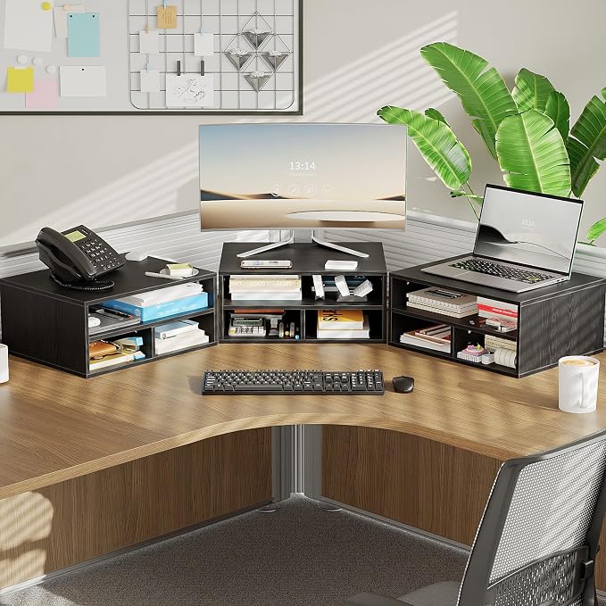 ALISENED Printer Stand for Desk, 2-Tier Wooden Desk Organizer with Adjustable Compartments, Heavy Duty Desktop Stand for Printer Scanner Monitor, Space Saving Office Organization and Storage, Black