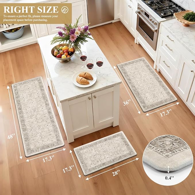 Pauwer Anti Fatigue Kitchen Floor Mats Set of 3, Cushioned Rugs, Khaki | Non Slip Comfort Standing Mat, PVC Foam Padded Kitchen Rugs, Waterproof Sink Rug for Small Kitchen Area, Laundry Room