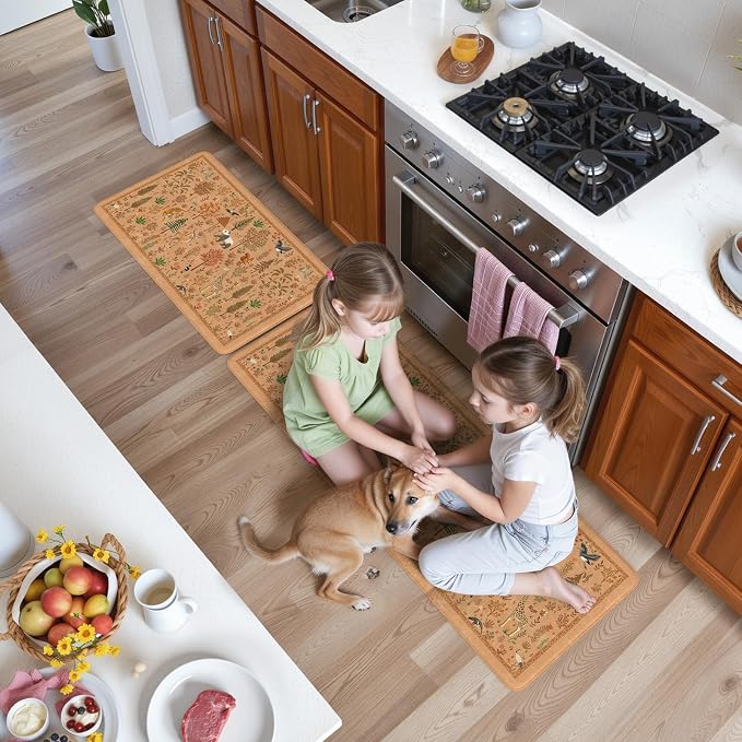 KIMODE Kitchen Floor Mats for Floor Cushioned Anti Fatigue,Rugs Sets of 2 | 17.3"x47"+ 17.3"x29",Orange Light Brown,Animal Forest Kitchen Rug,Padded Memory Foam Under Kitchen Sink Mat for Laundry Decor