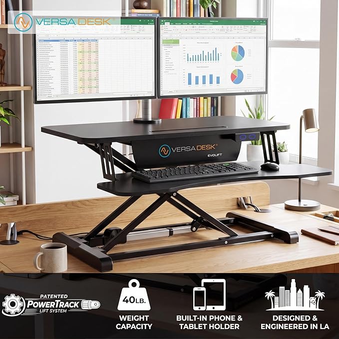 VERSADESK EvoLift 32" Electric Standing Desk Converter, Sit to Stand Motorized Desk Riser, 1-Button Easy Lift, Dual Monitor Workstation, Wide Keyboard Tray, Built-in Device Stand, Black