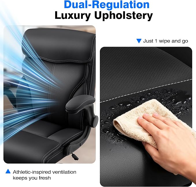 AreShark Executive Office Chair - 400lbs Heavy Duty Ergonomic Desk Chair with Comfy Cushion, High Back Breathable Leather Computer Chair with Flip-up Arms & Rocking Function for Home Office