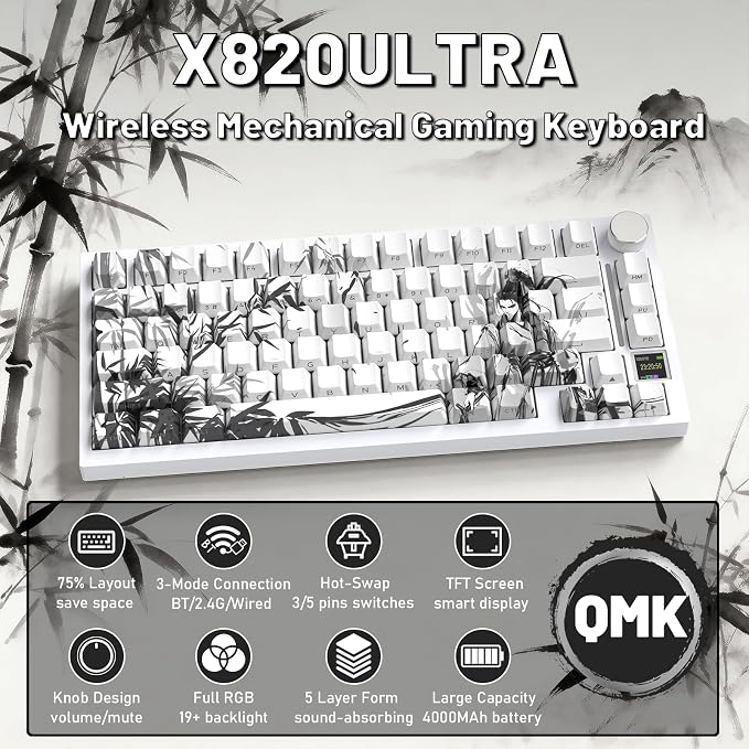 ATTACK SHARK X820Ultra Wireless Mechanical Gaming Keyboard with Screen Hot Swappable 2.4GHz/BT/Wired CNC Knob RGB Backlit Gasket Mount Side Print PBT Keycap QMK Web Driver Gift Switch-White bamboo