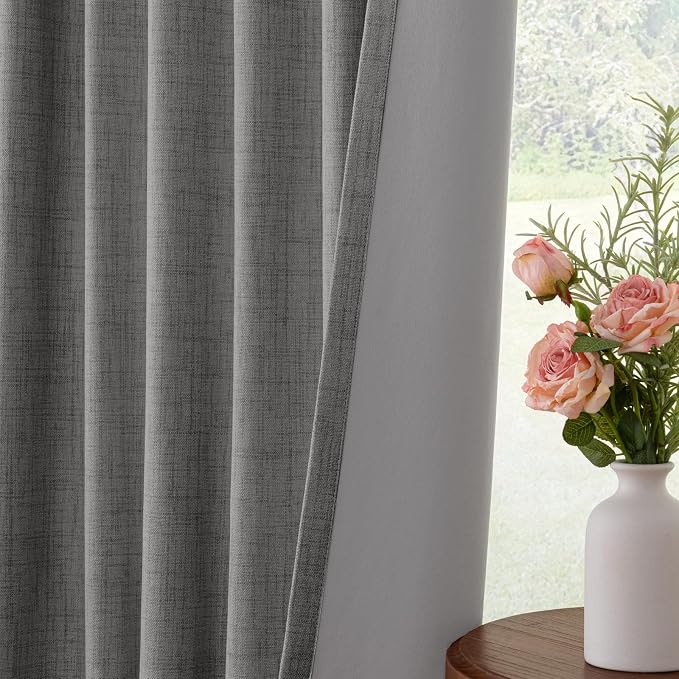 INOVADAY 100% Blackout Curtains for Bedroom, Dark Grey Black Out Curtains 63 Inch Long, Clip Rings Linen Blackout Drapes, Thermal Insulated Room Darkening for Living Room, 2 Panels - W50xL63